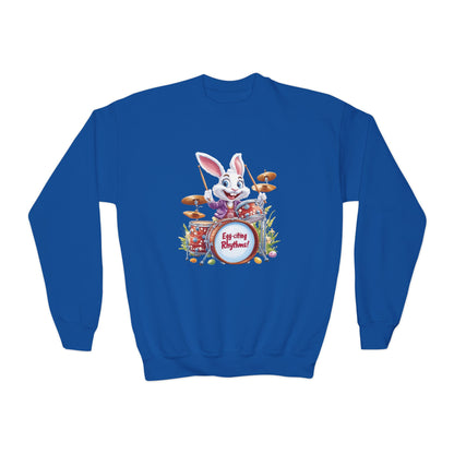 Easter Bunny Drummer Kids Sweatshirt - Cute Spring Crewneck for Children, Fun Easter Gift Colorful Bunny Playing Drums Design