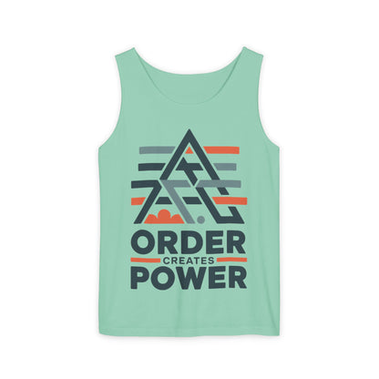 Mens Garment-Dyed Tank Top, Mens Tank Top Order Creates Power, Minimal Geometric Motivational Graphic Summer Shirt