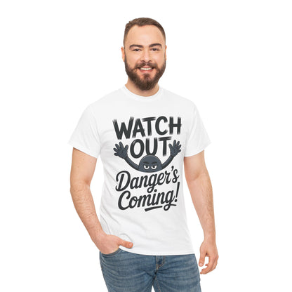 Funny "Watch Out" Cartoon Character T-Shirt, Sketch Style Unisex Heavy Cotton Tee, Minimalist Humorous Graphic Tee, Gift for Him/Her