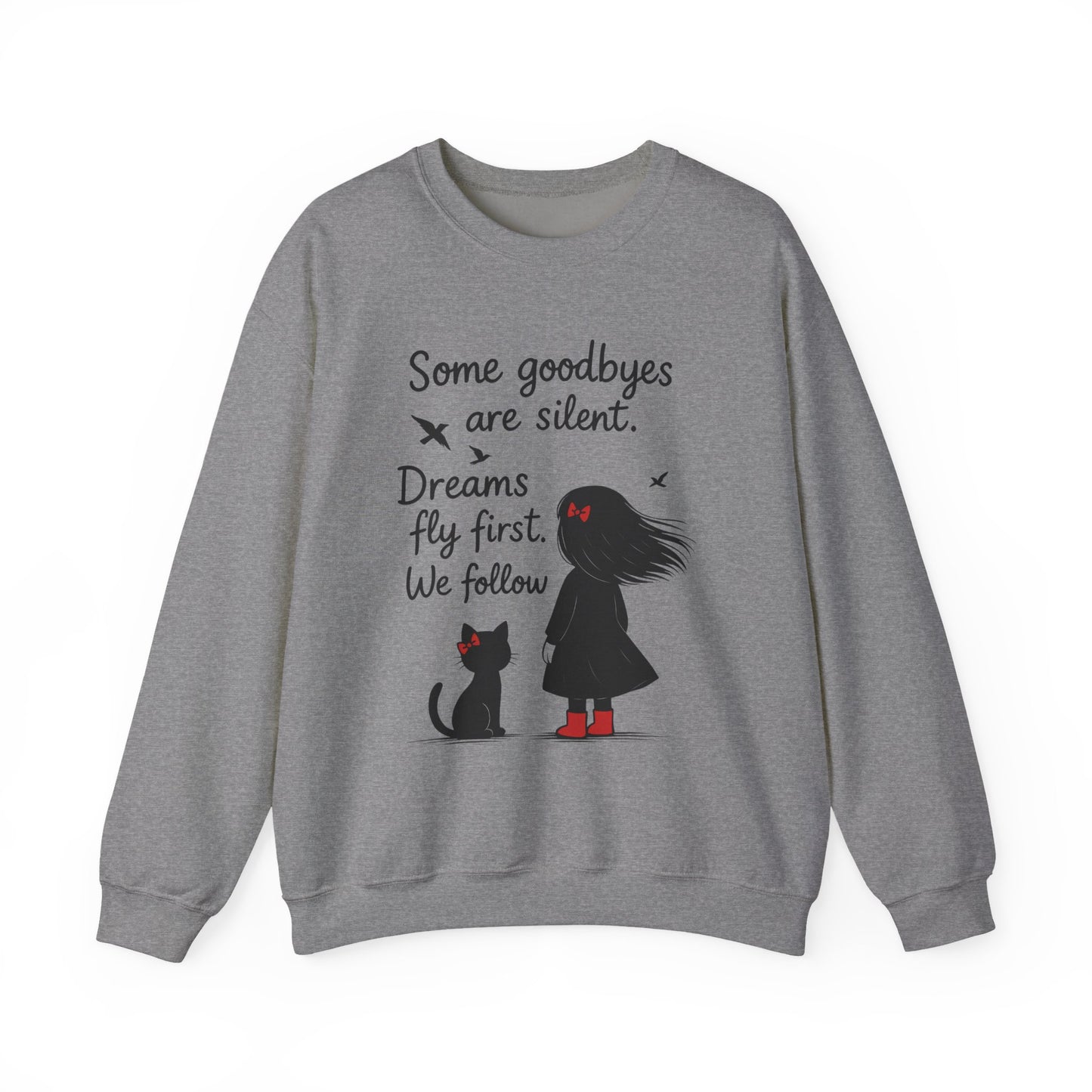Cozy Farewell Girl & Cat Pullover, Hand Drawn Red Dress Art, Minimalist Womens Crewneck
