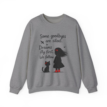 Cozy Farewell Girl & Cat Pullover, Hand Drawn Red Dress Art, Minimalist Womens Crewneck