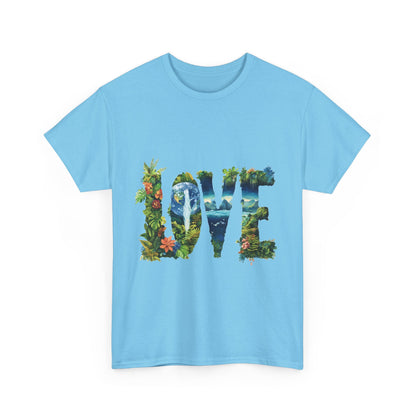 LOVE Nature Art Womens Heavy Cotton Tee, Earth Day Jungle Forest Graphic T-Shirt, Eco Friendly Gift Shirt, Nature-Inspired Love Tee