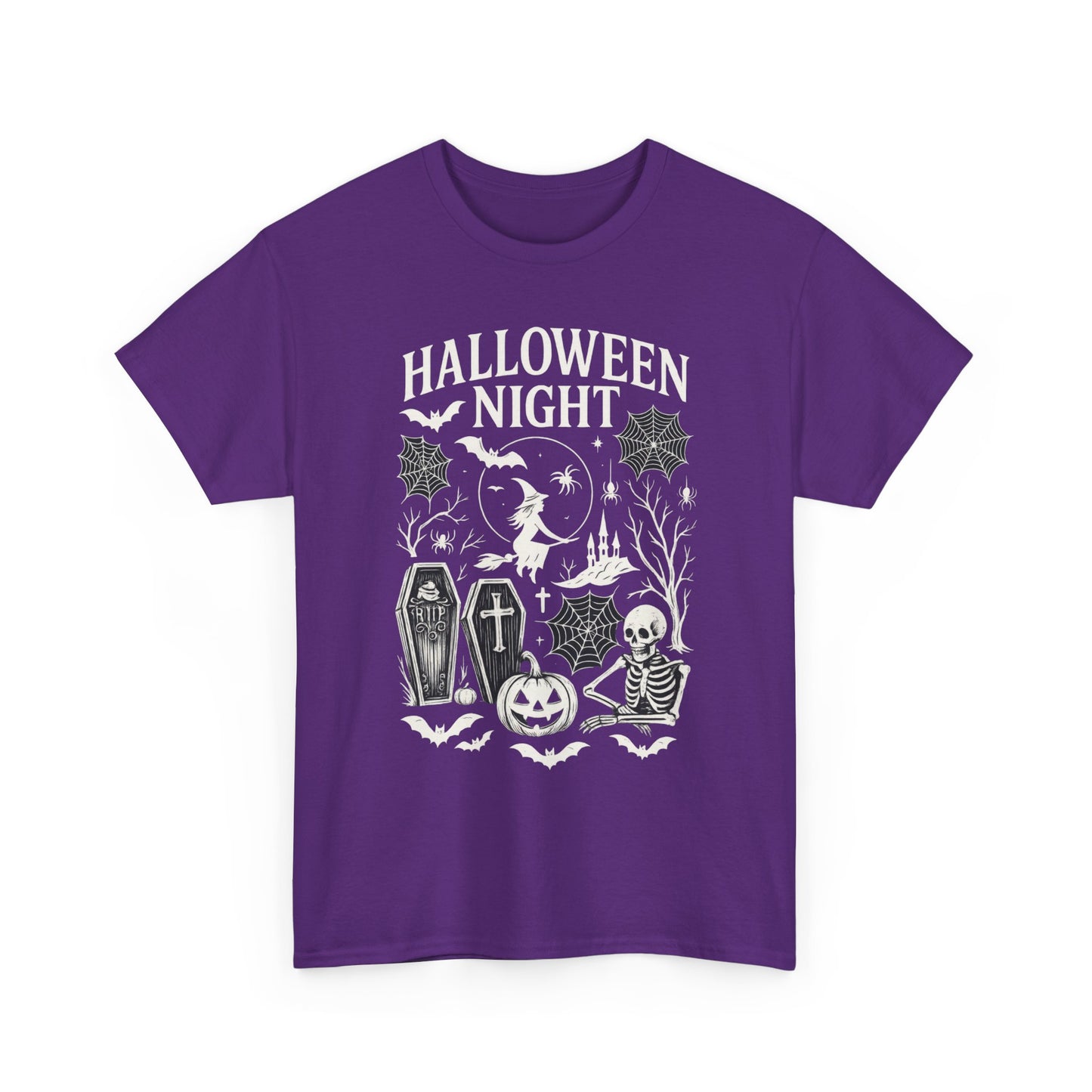 Halloween Night Women's T-Shirt, Gothic Witch Skeleton Pumpkin Tee, Spooky Scary Shirt for Halloween Party