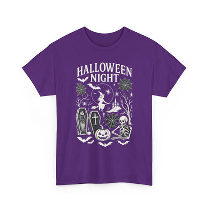Halloween Night Women's T-Shirt, Gothic Witch Skeleton Pumpkin Tee, Spooky Scary Shirt for Halloween Party