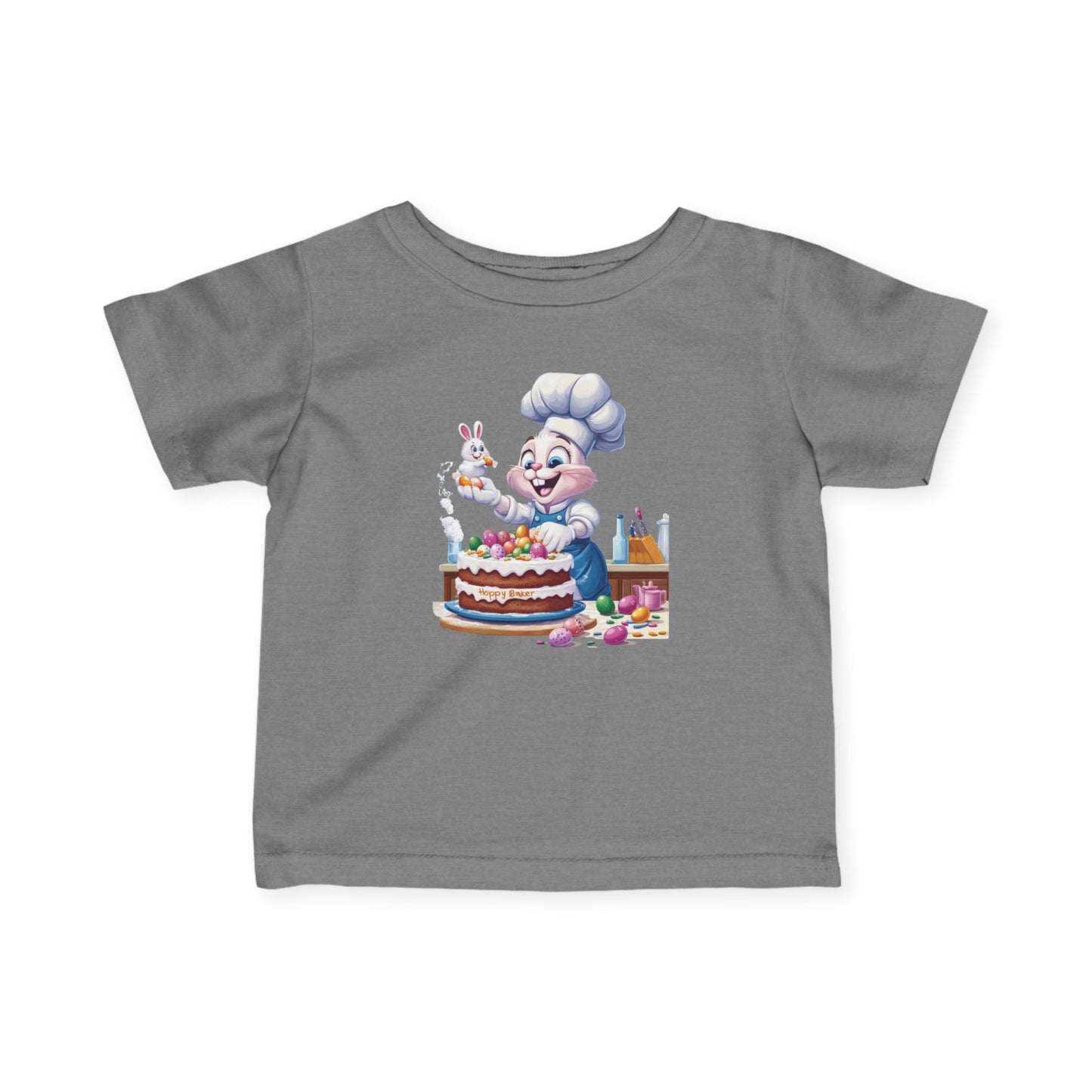 Hoppy Baker Easter Bunny Baby T-Shirt - Cute Infant Tee with Chef Bunny and Cake, Fun Spring Outfit for Babies, Easter Toddler Tee
