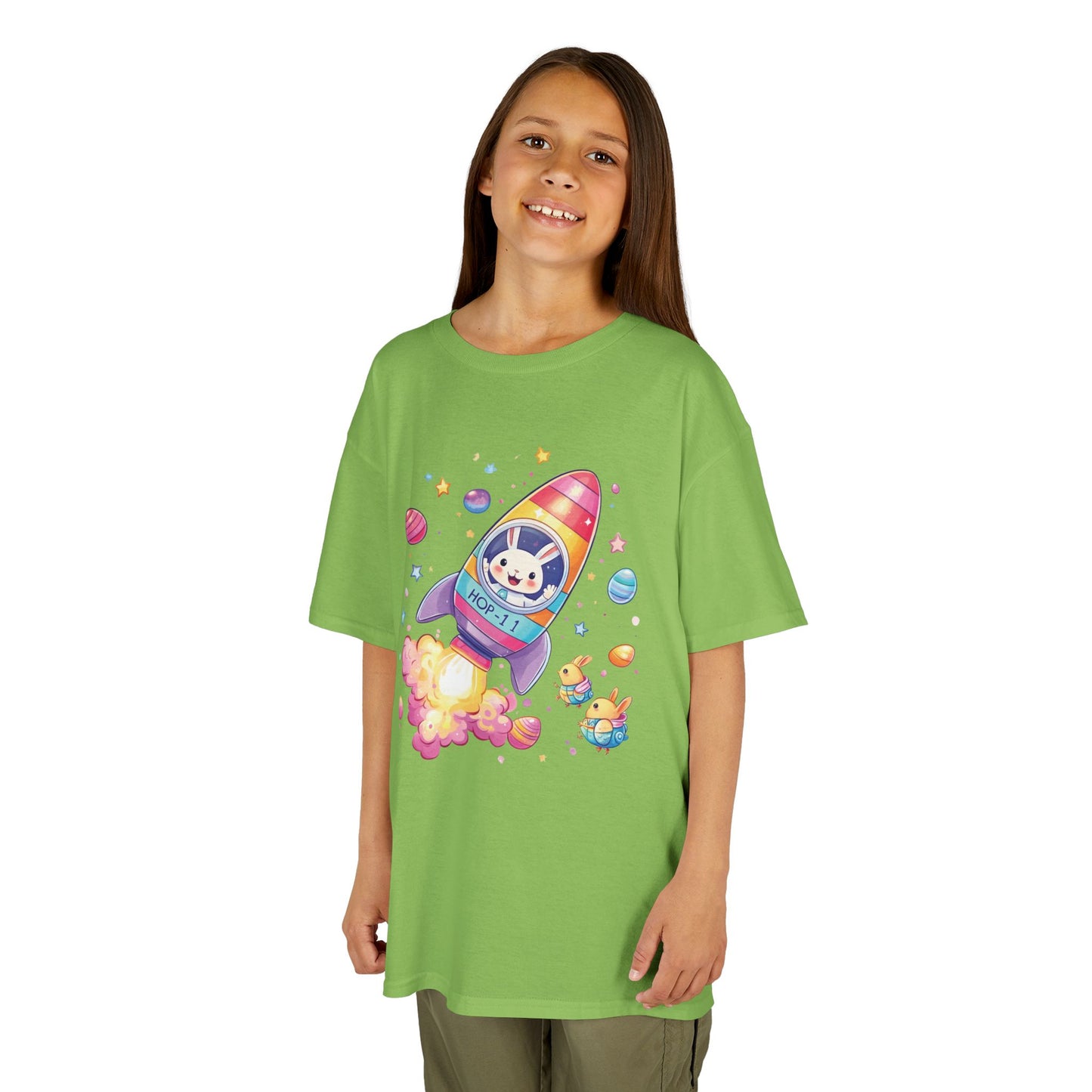 Easter Astronaut Bunny Kids T-Shirt - Cute Space Rocket Bunny with Colorful Eggs, Fun Spring Tee for Boys and Girls, Holiday Gift Idea