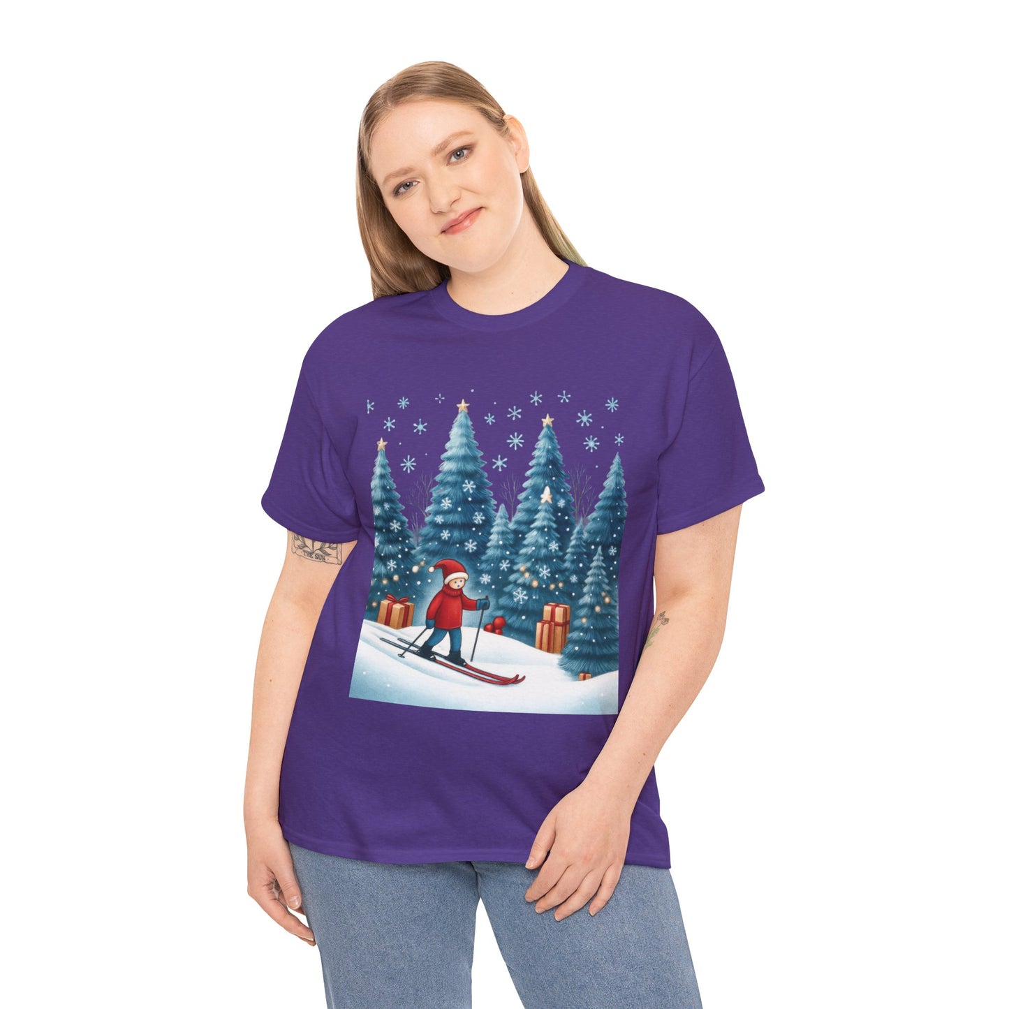 Womens Cute Winter Holiday Graphic Tee, Christmas Skiing T-Shirt, Women's Heavy Cotton Tee