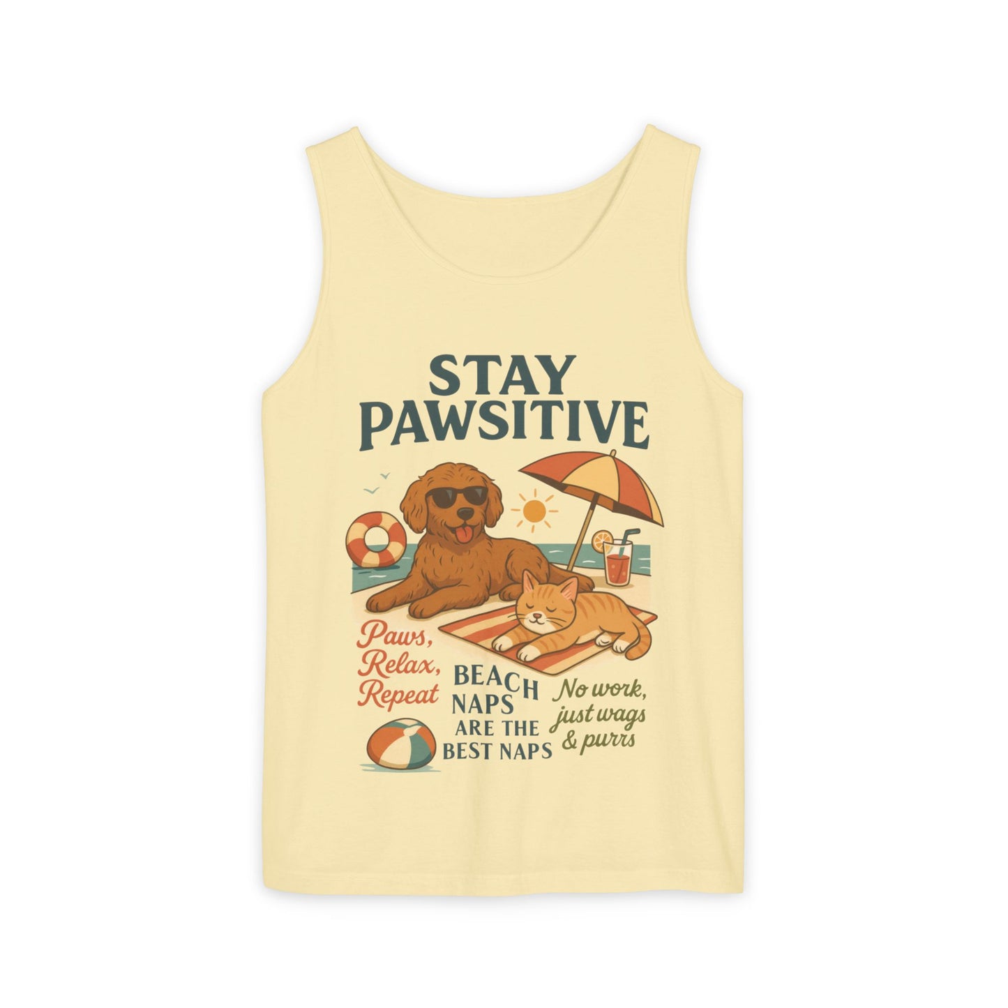 Stay Pawsitive Womens Tank, Cute Dog & Cat Beach Tee, Summer Pet Lover Tee, Animal Graphic Heavy Cotton Tee, Fun Pet Lovers Gift, Summer Top