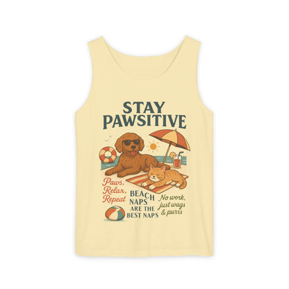 Stay Pawsitive Womens Tank, Cute Dog & Cat Beach Tee, Summer Pet Lover Tee, Animal Graphic Heavy Cotton Tee, Fun Pet Lovers Gift, Summer Top