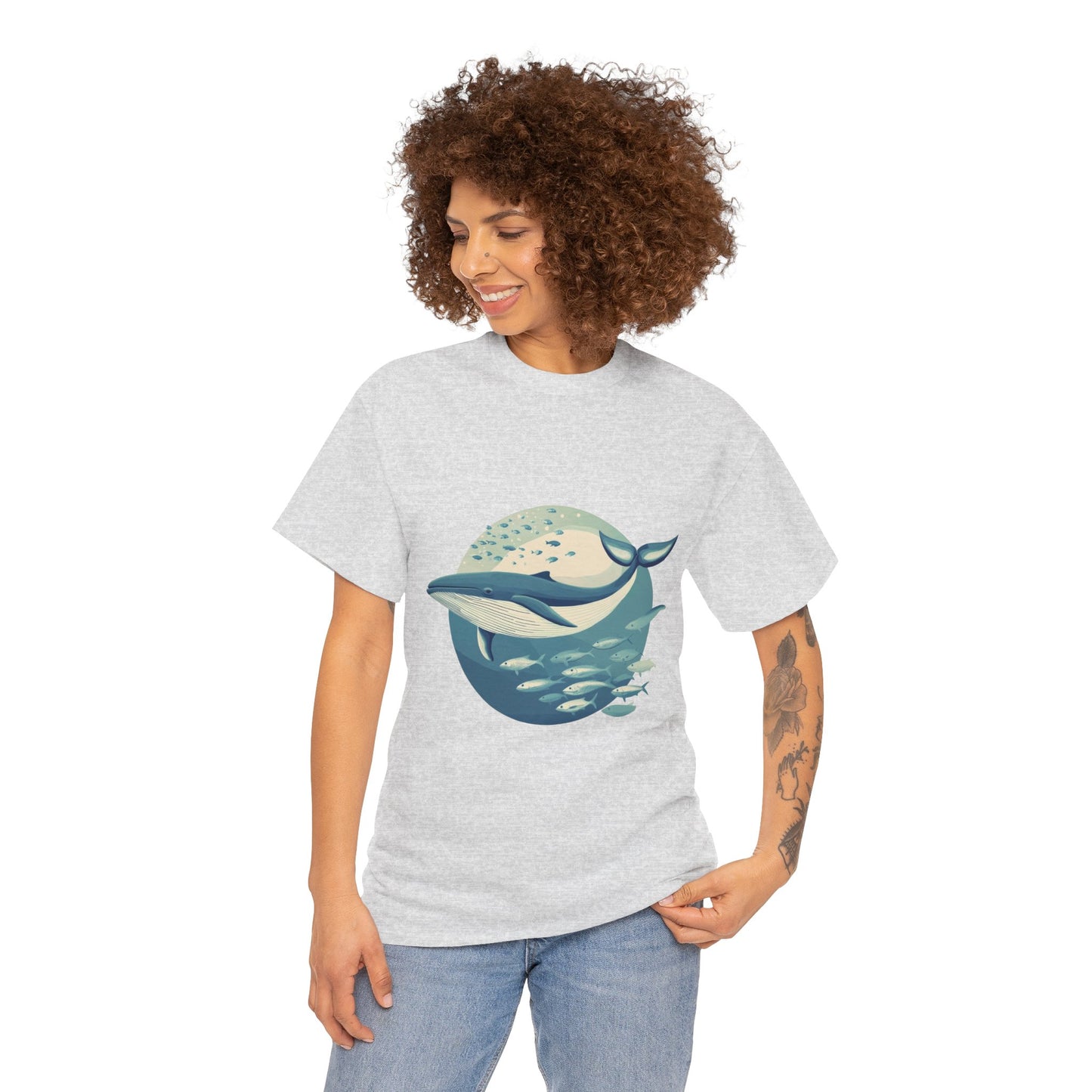 Whale and Fish Unisex Heavy Cotton Tee, Ocean Lover Shirt, Nature Tee, Sea Creature Gift, Casual Summer Top, Ocean Whale Graphic Tee