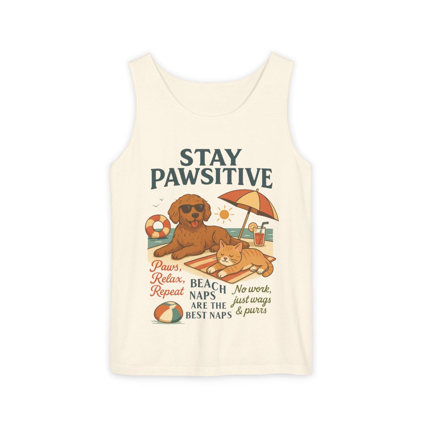 Stay Pawsitive Womens Tank, Cute Dog & Cat Beach Tee, Summer Pet Lover Tee, Animal Graphic Heavy Cotton Tee, Fun Pet Lovers Gift, Summer Top
