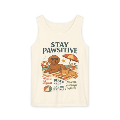 Stay Pawsitive Womens Tank, Cute Dog & Cat Beach Tee, Summer Pet Lover Tee, Animal Graphic Heavy Cotton Tee, Fun Pet Lovers Gift, Summer Top