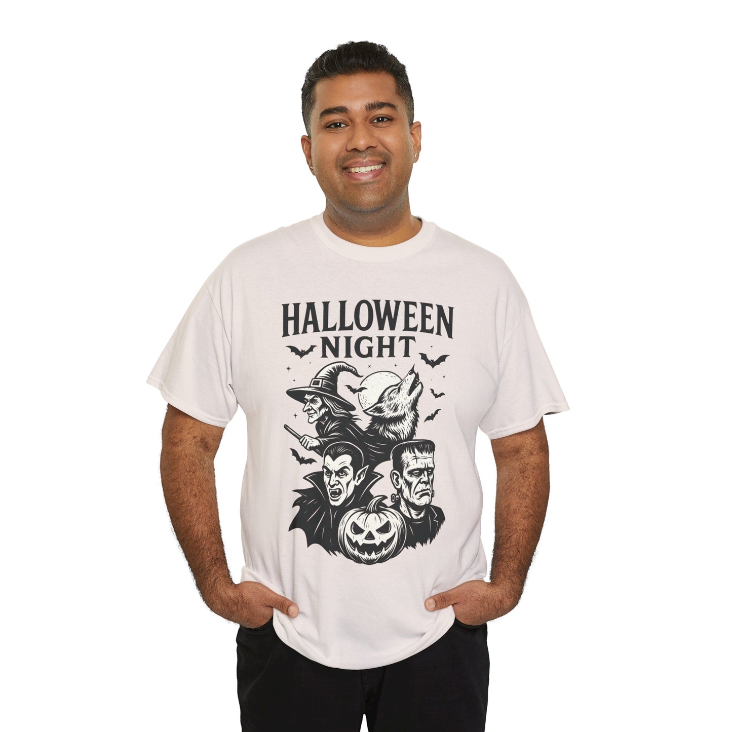 Halloween Night Men's T-Shirt, Classic Monsters Graphic Tee, Witch, Vampire, Frankenstein, Werewolf