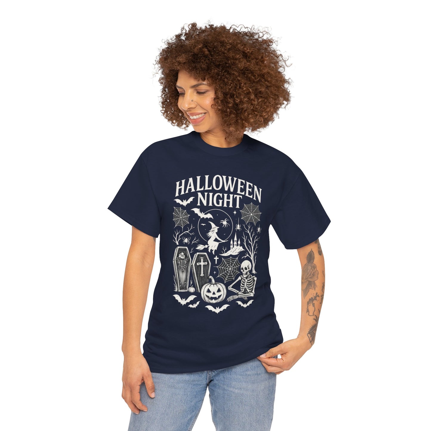 Halloween Night Women's T-Shirt, Gothic Witch Skeleton Pumpkin Tee, Spooky Scary Shirt for Halloween Party
