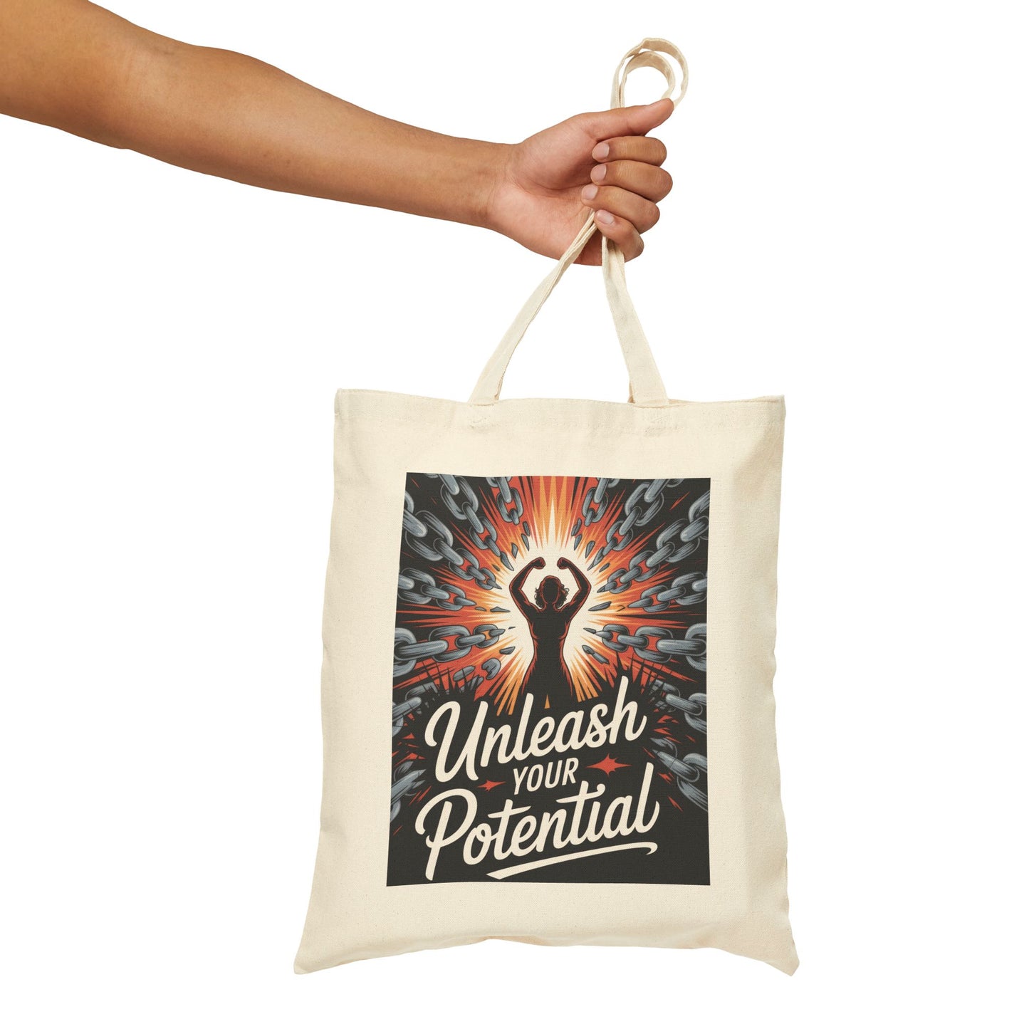 Unleash Your Potential Tote Bag, Motivational Empowerment Canvas Bag with Strong Woman & Chains Design, Fitness & Feminist Gift