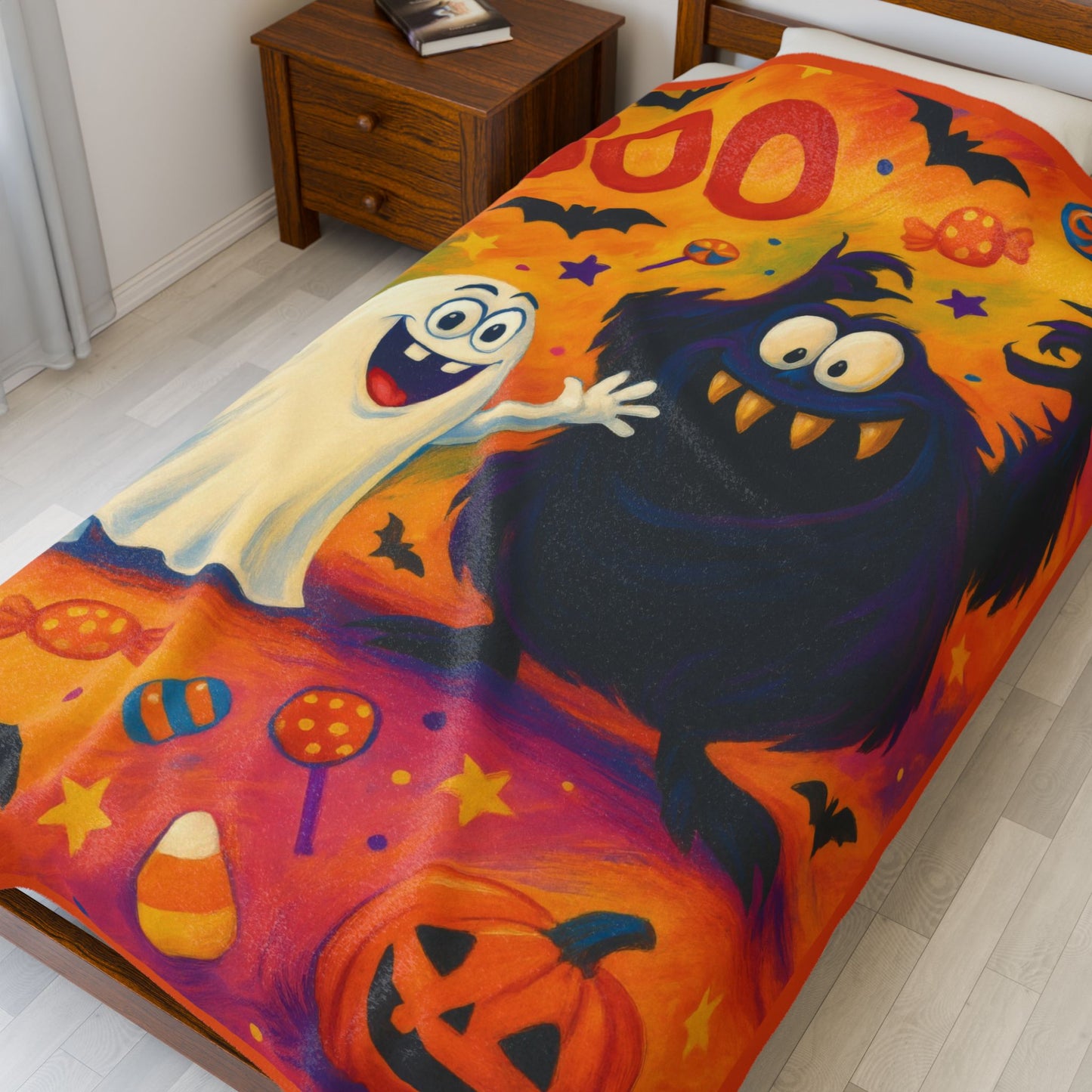 Cute Ghost and Monster Halloween Velveteen Plush Blanket, Fun Kids Throw, Spooky Cute Boo Design, Cozy Fall Blanket Gift