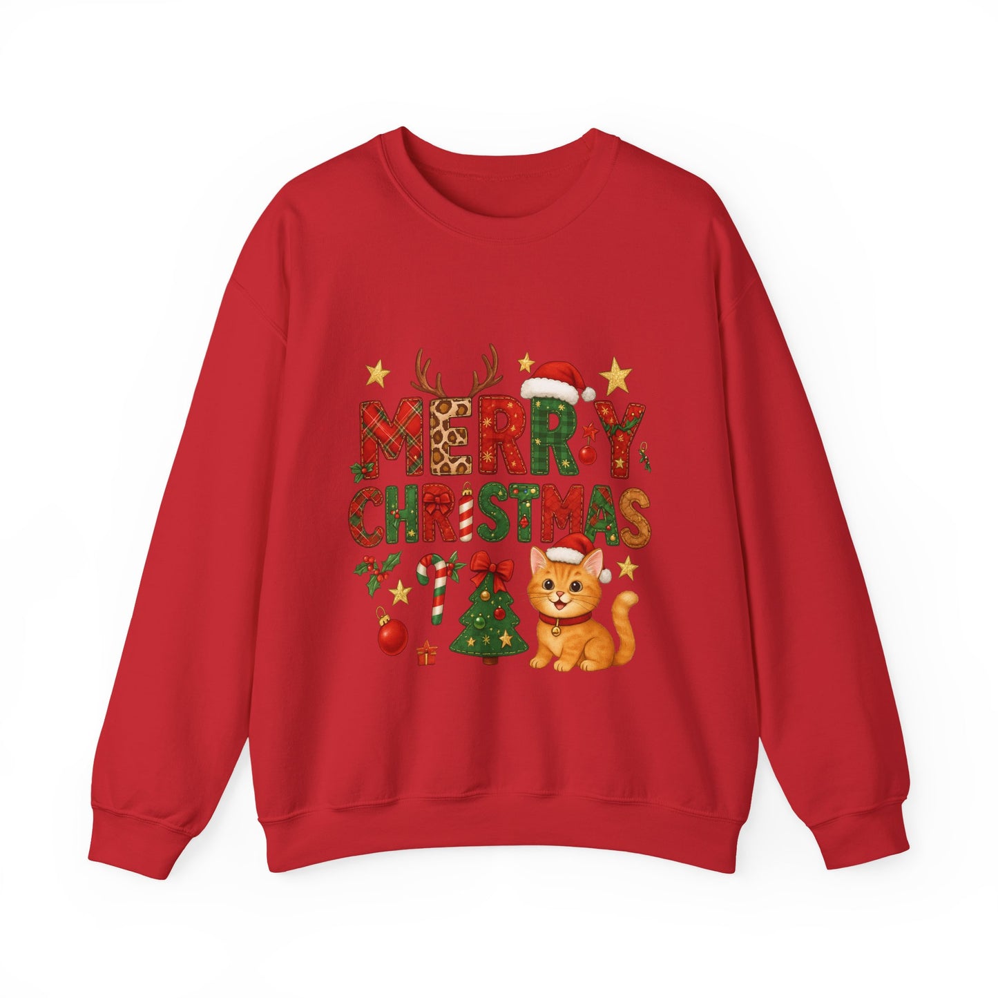 Women's Merry Christmas Cat Sweatshirt, Cozy Holiday Cat Lover Pullover, Women's Heavy Blend™ Crewneck Sweatshirt