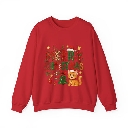 Women's Merry Christmas Cat Sweatshirt, Cozy Holiday Cat Lover Pullover, Women's Heavy Blend™ Crewneck Sweatshirt