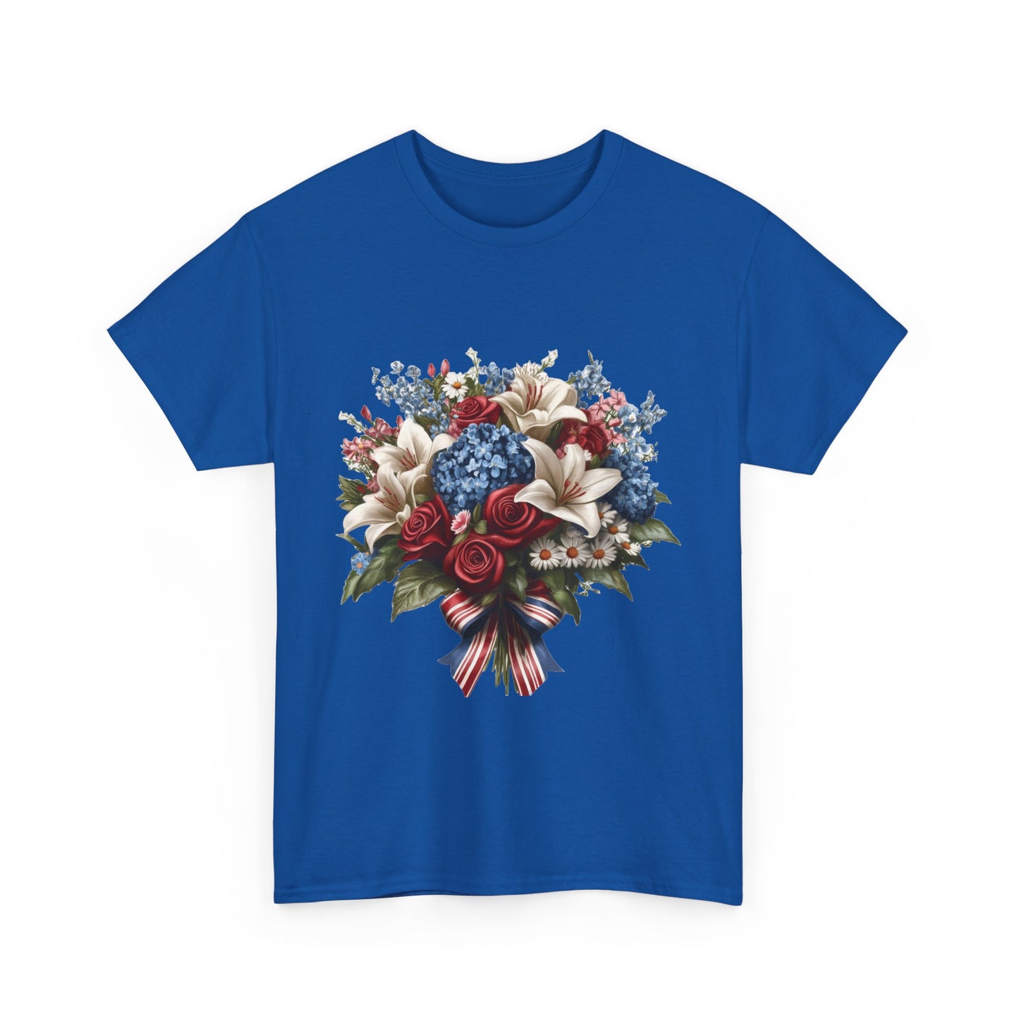 Patriotic Floral Bouquet T-Shirt, Red White Blue Flower Graphic Tee, USA Pride Shirt, Unisex Heavy Cotton Tee