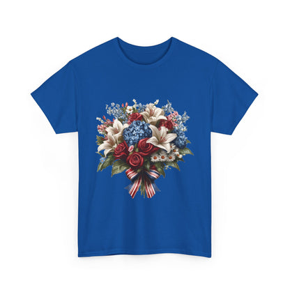 Patriotic Floral Bouquet T-Shirt, Red White Blue Flower Graphic Tee, USA Pride Shirt, Unisex Heavy Cotton Tee