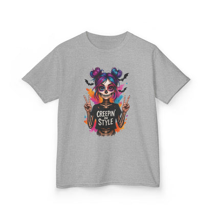 Creepin' in Style Kids Halloween T-Shirt, Colorful Skeleton Girl Design, Cute Spooky Shirt for Trendy Girls