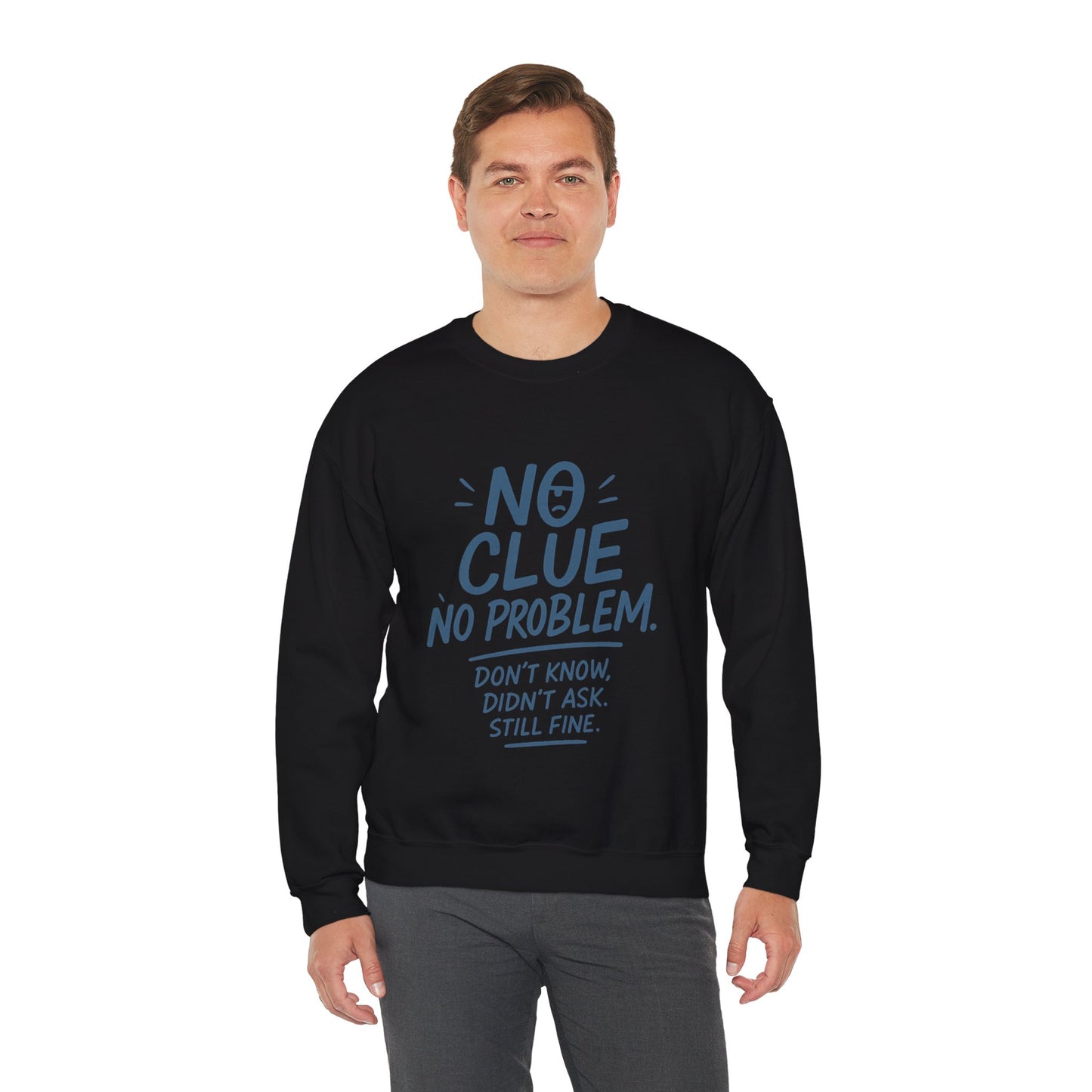 Funny Mens Crewneck Sweatshirt, No Clue No Problem Quote, Dont Know Didnt Ask, Cozy Relaxed Fit Pullover,  Funny Casual Pullover