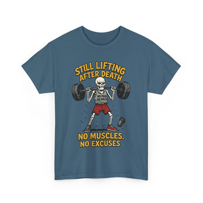 Funny Skeleton Gym T-Shirt, Still Lifting After Death, Funny Workout Shirt for Men, Fitness Gift, Halloween Apparel, Unisex Cotton Tee