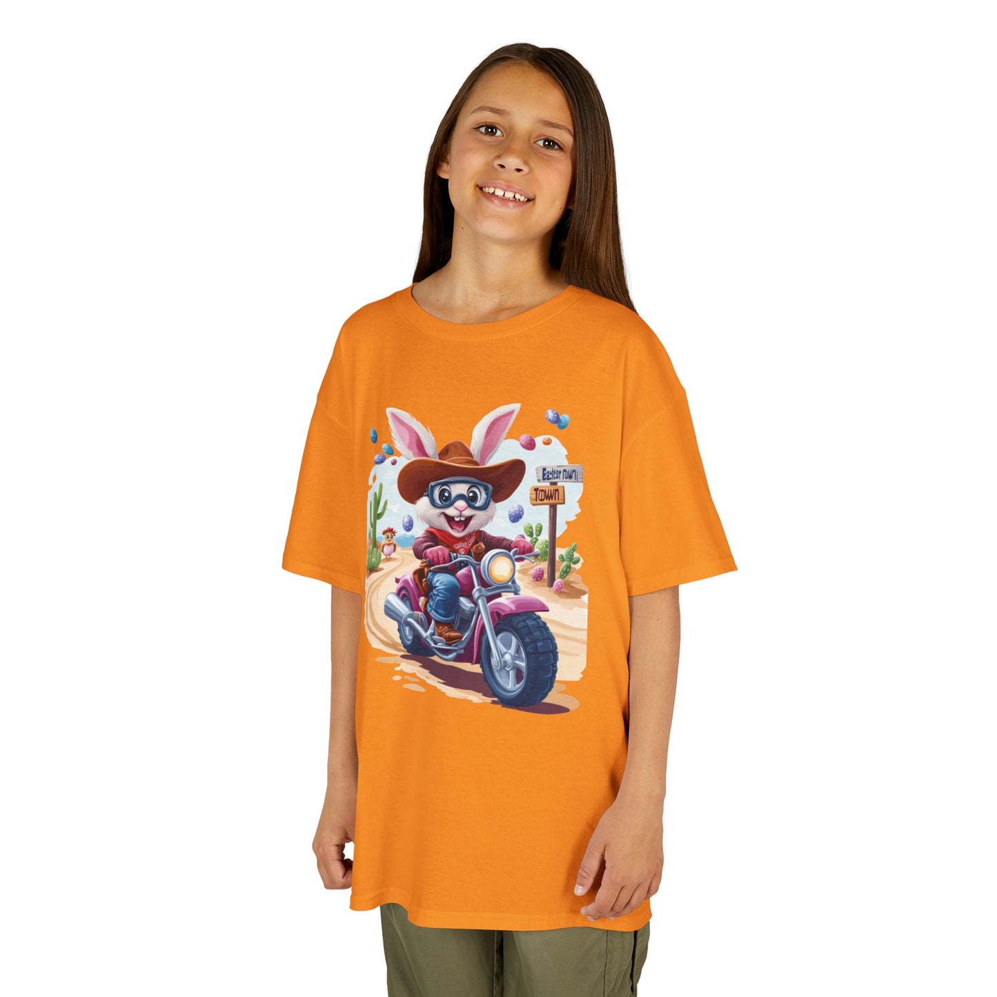 Biker Bunny Kids Tee - Fun Easter Shirt for Boys & Girls, Cute Spring Outfit with Motorcycle Rabbit Heavy Cotton Toddler T-Shirt Bunny Rider