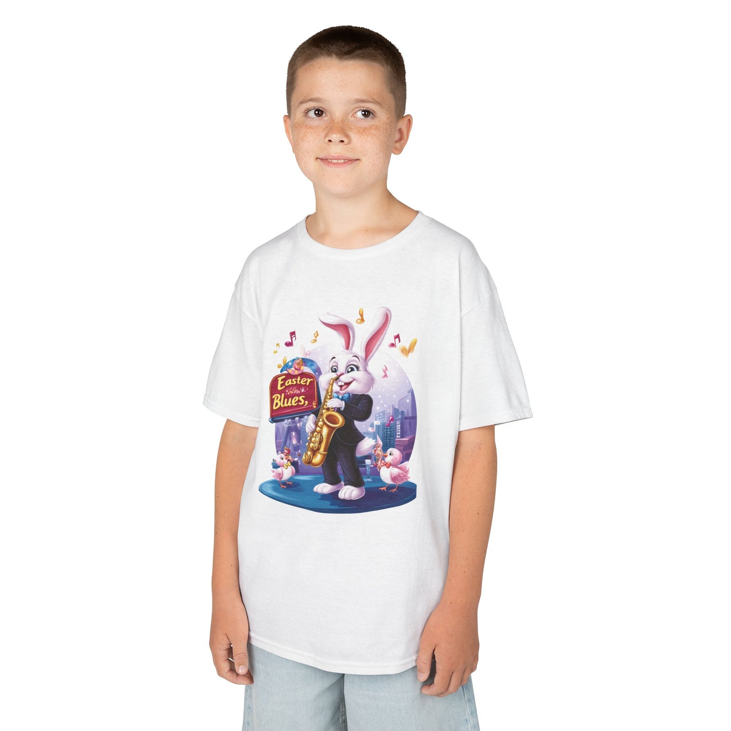 Easter Blues Bunny Kids T-Shirt - Cute Jazz Music Themed Tee for Boys and Girls, Fun Spring Gift, Bunny Playing Saxophone Design