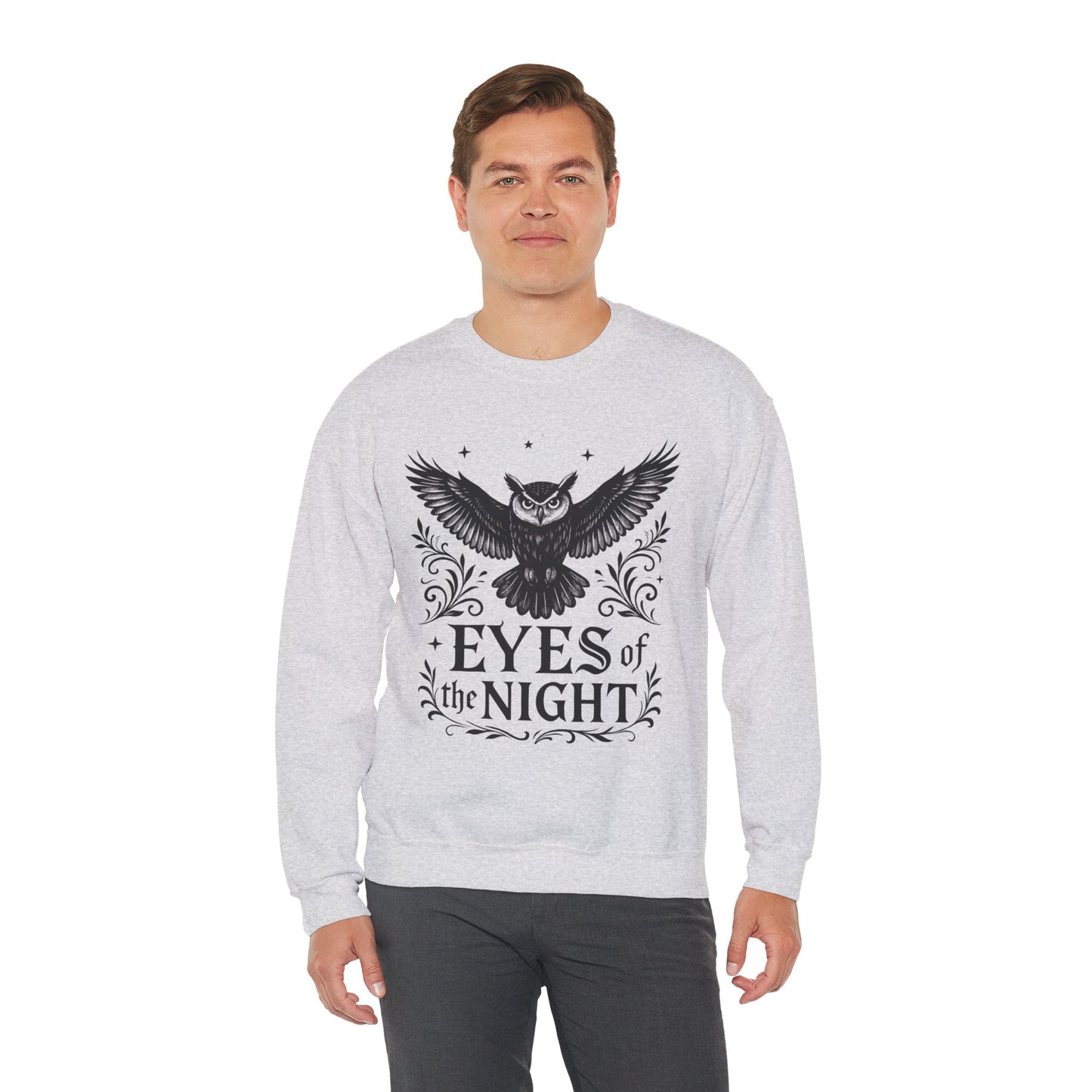 Eyes of the Night Owl Sweatshirt, Mens Dark Gothic Sweatshirt, Mysterious Owl Graphic Pullover, Forest Bird of Night Design, Halloween Gift