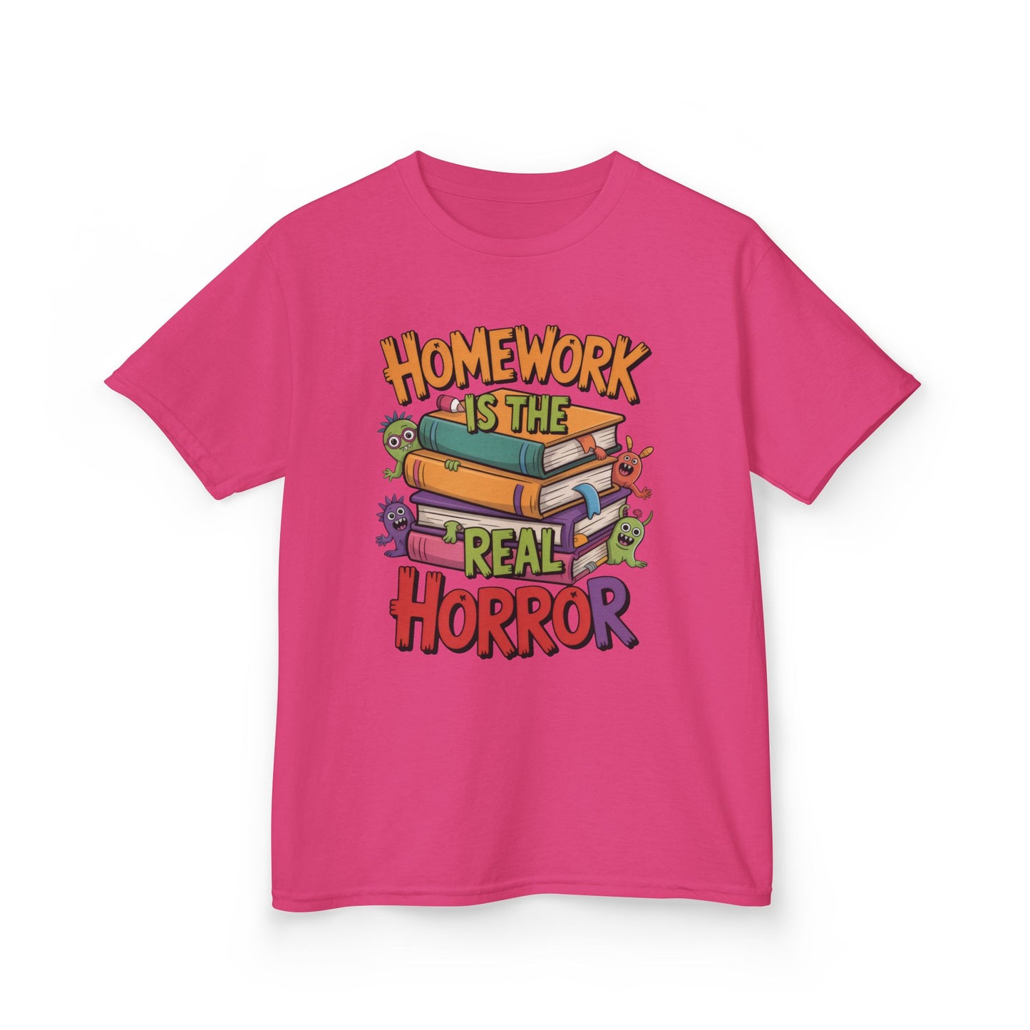 Kids Funny Homework Tee, Cute Monster School Shirt, Homework Is the Real Horror, Back to School Gift for Boys & Girls, Kids Halloween Tee