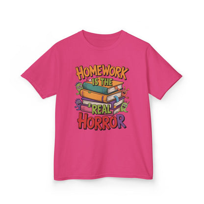 Kids Funny Homework Tee, Cute Monster School Shirt, Homework Is the Real Horror, Back to School Gift for Boys & Girls, Kids Halloween Tee