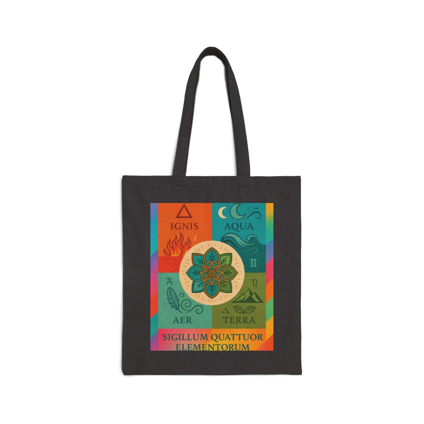 Four Elements Mandala Tote Bag, Fire, Water, Air, Earth Illustrated Symbolic Canvas Bag, Spiritual Boho Elemental Series Gift, Art Tote