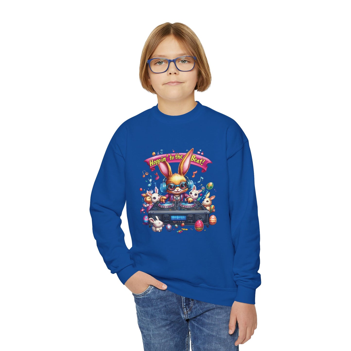 DJ Bunny Easter Kids Sweatshirt - Fun Music Bunny Crewneck for Spring, Hoppin' to the Beat Design, Cute Gift for Easter & Parties