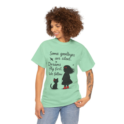 Emotional Hand Drawn Womens T-Shirt, Minimalist Red Dress Girl and Cat Graphic Tee, Cat Lover Gift