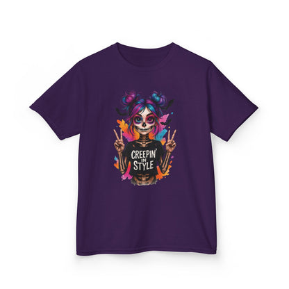 Creepin' in Style Kids Halloween T-Shirt, Colorful Skeleton Girl Design, Cute Spooky Shirt for Trendy Girls