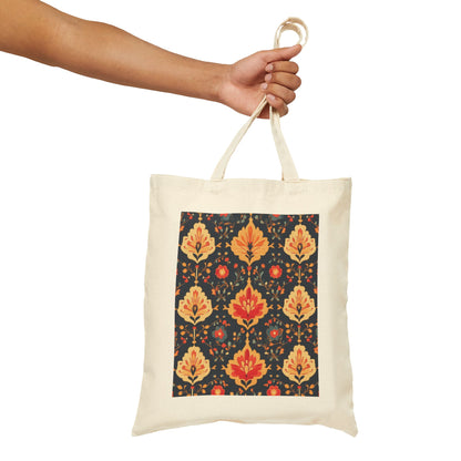Chic Floral Cotton Canvas Tote Bag, Eco-Friendly Shopping Bag, Gift for Her, Reusable Grocery Tote, Traditional Turkish Carpet Pattern
