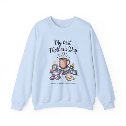My First Mother's Day Sweatshirt, Cozy Crewneck for Moms, Gift for New Mothers, Baby Shower Tee, Snuggles & Sleepless Nights