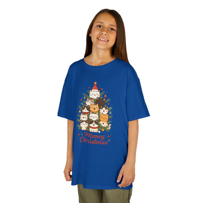 Youth Meowy Christmas Cat T-Shirt, Cute Kids Holiday Kitty Tee