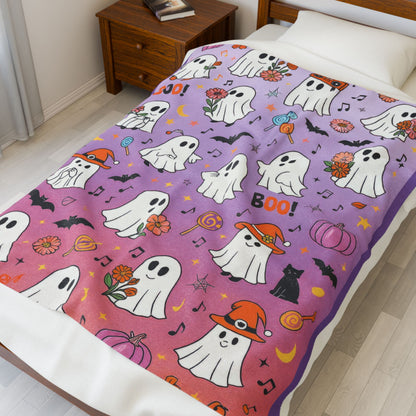Cute Ghost Halloween Velveteen Plush Blanket for Kids, Purple Ghost and Candy Throw Blanket, Cozy Spooky Fall Blanket, Kawaii Boo Gift