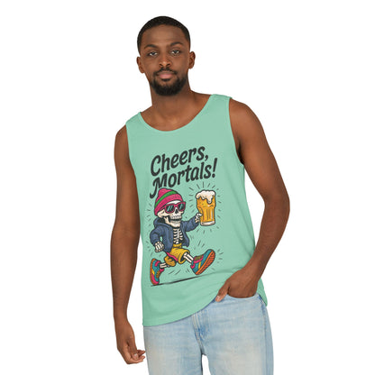 Cheers Mortals! Mens Tank Top, Funny Skeleton Beer Graphic Tee, Drinking Humor Shirt, Party Gift for Him, Halloween Tank,  Beer Lovers Gift