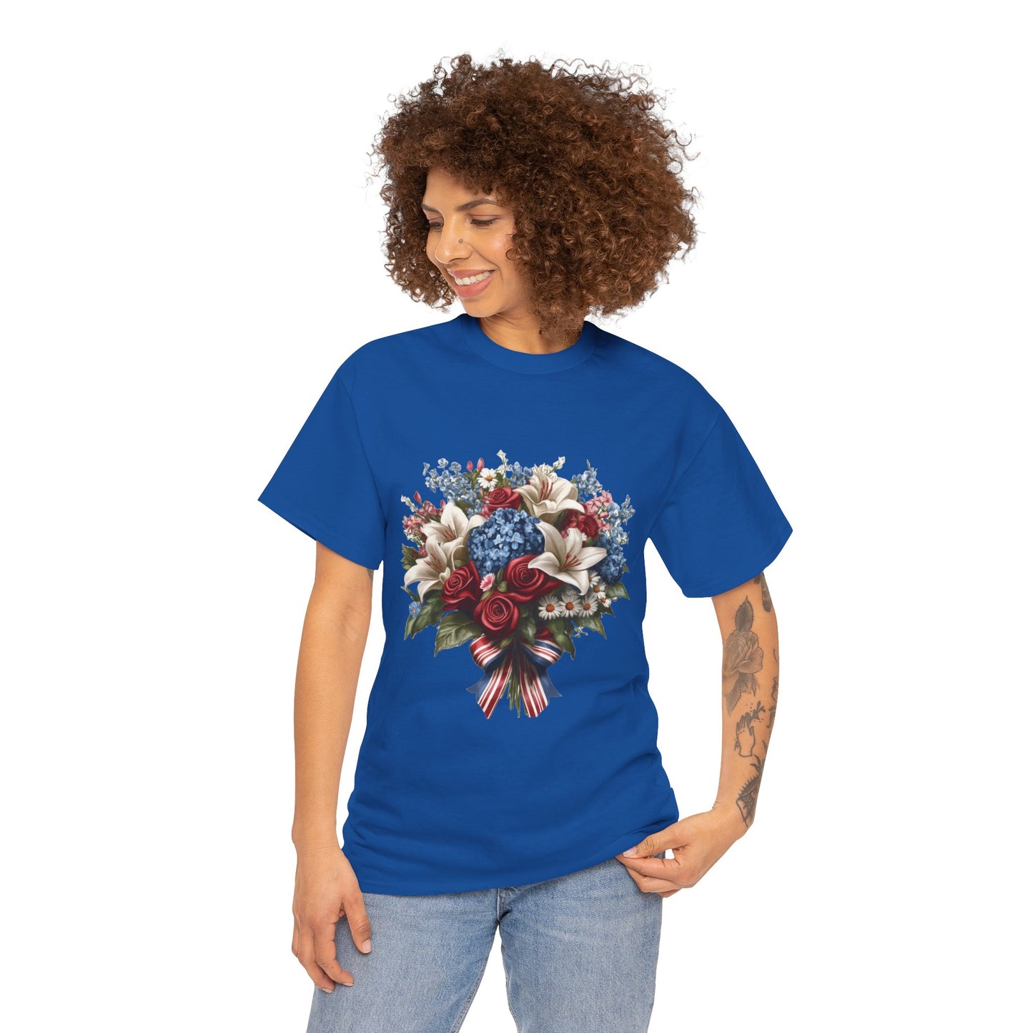 Patriotic Floral Bouquet T-Shirt, Red White Blue Flower Graphic Tee, USA Pride Shirt, Unisex Heavy Cotton Tee
