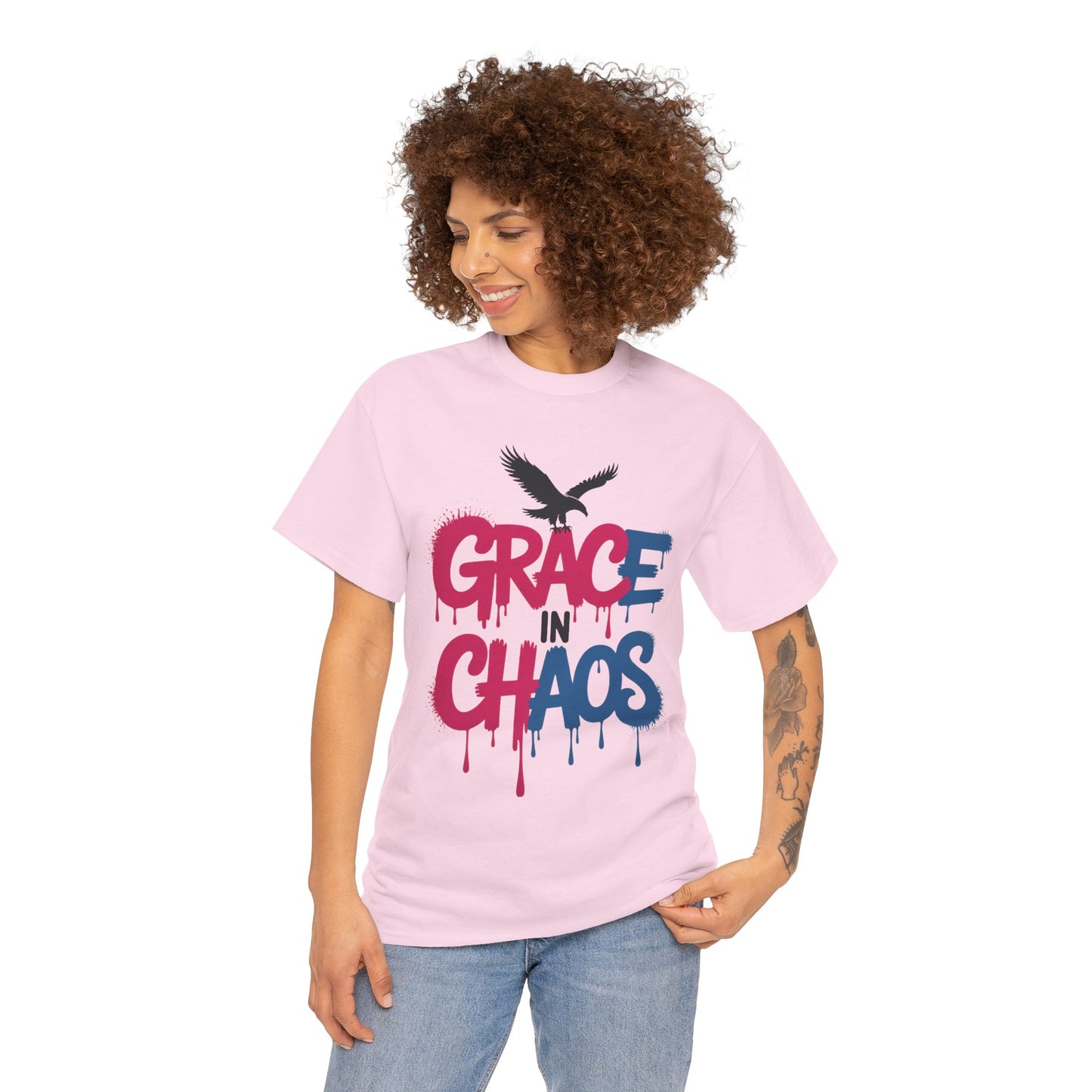 Womens Graffiti T-Shirt, Grace in Chaos Dripping Street Art Tee, Bold Urban Graphic Shirt