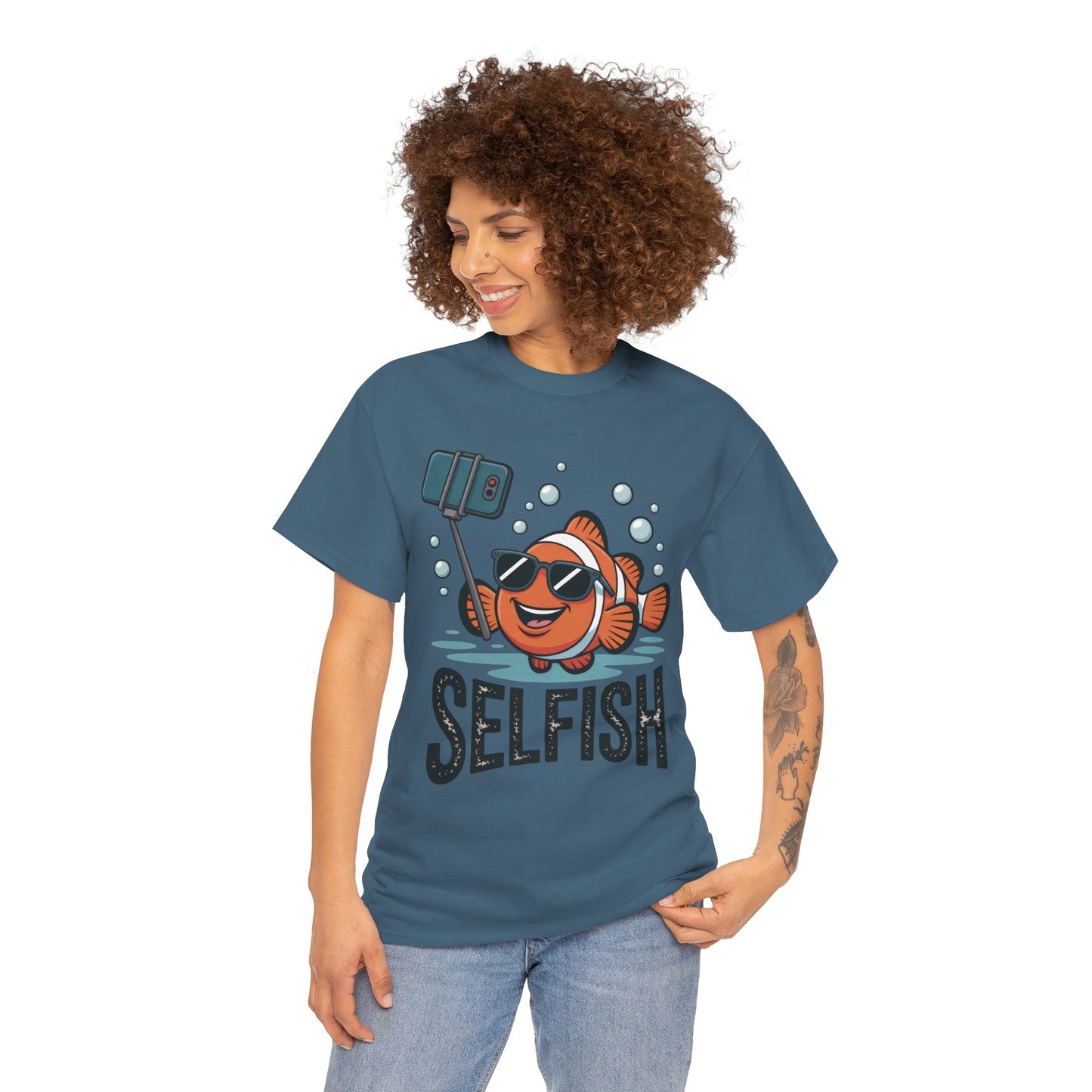 Unisex Heavy Cotton Tee, Mens Selfish Funny Fish T-Shirt, Cute Selfie Graphic Tee, Ocean Humor Shirt