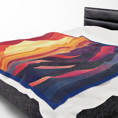 Abstract Sunset Mountain Velveteen Plush Blanket, Geometric Boho Landscape Throw Blanket, Warm Cozy Modern Art Home Decor Gift