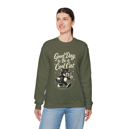 Funny Cool Cat Womens Crewneck Sweatshirt - Good Day to Be a Cool Cat Retro Kitty Pullover - Cute Cat Lover Sweater