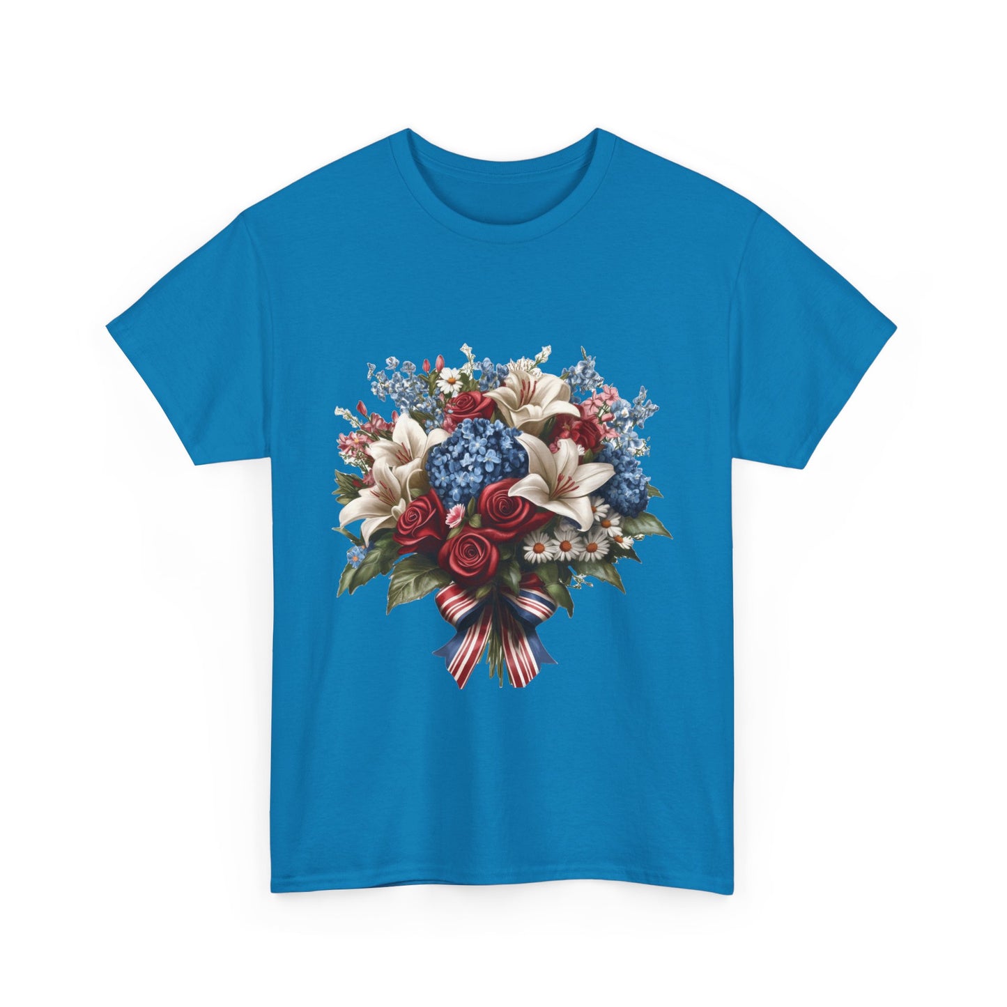 Patriotic Floral Bouquet T-Shirt, Red White Blue Flower Graphic Tee, USA Pride Shirt, Unisex Heavy Cotton Tee