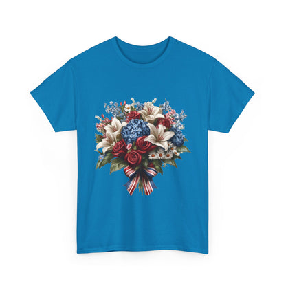 Patriotic Floral Bouquet T-Shirt, Red White Blue Flower Graphic Tee, USA Pride Shirt, Unisex Heavy Cotton Tee