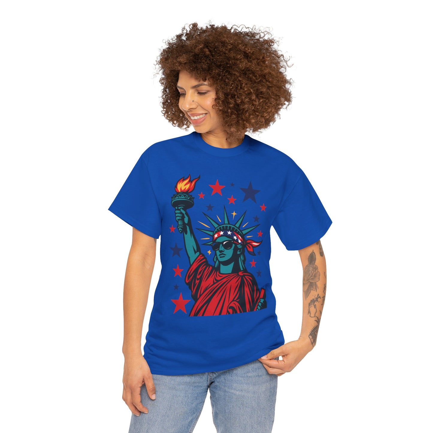 Lady Liberty Pop Art T-Shirt, Patriotic 4th of July Women’s Tee, Retro USA Bandana Statue Shirt