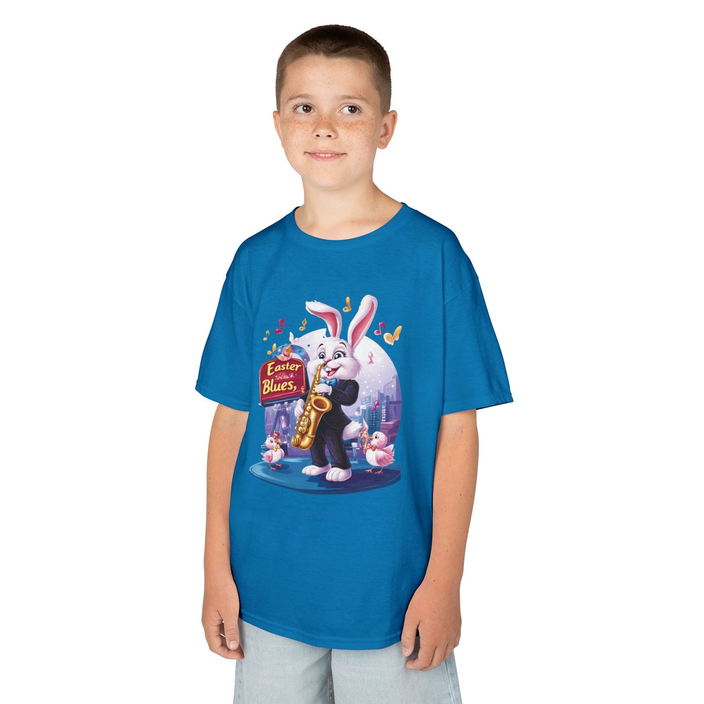 Easter Blues Bunny Kids T-Shirt - Cute Jazz Music Themed Tee for Boys and Girls, Fun Spring Gift, Bunny Playing Saxophone Design